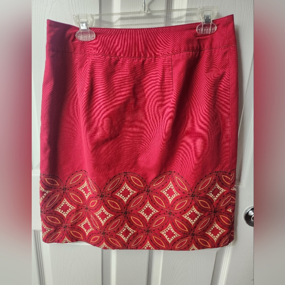 Talbots A-Line Skirt Women Size 10 Red Geometric Embroidered Side Zip